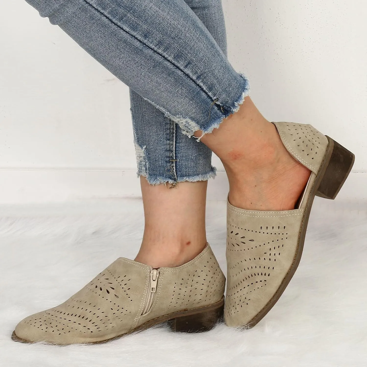 Ankle Boots for Women Women's Perforated Slip On Pointed Toe Chunky Block Low Heel Shoes Office Dress Casual Booties