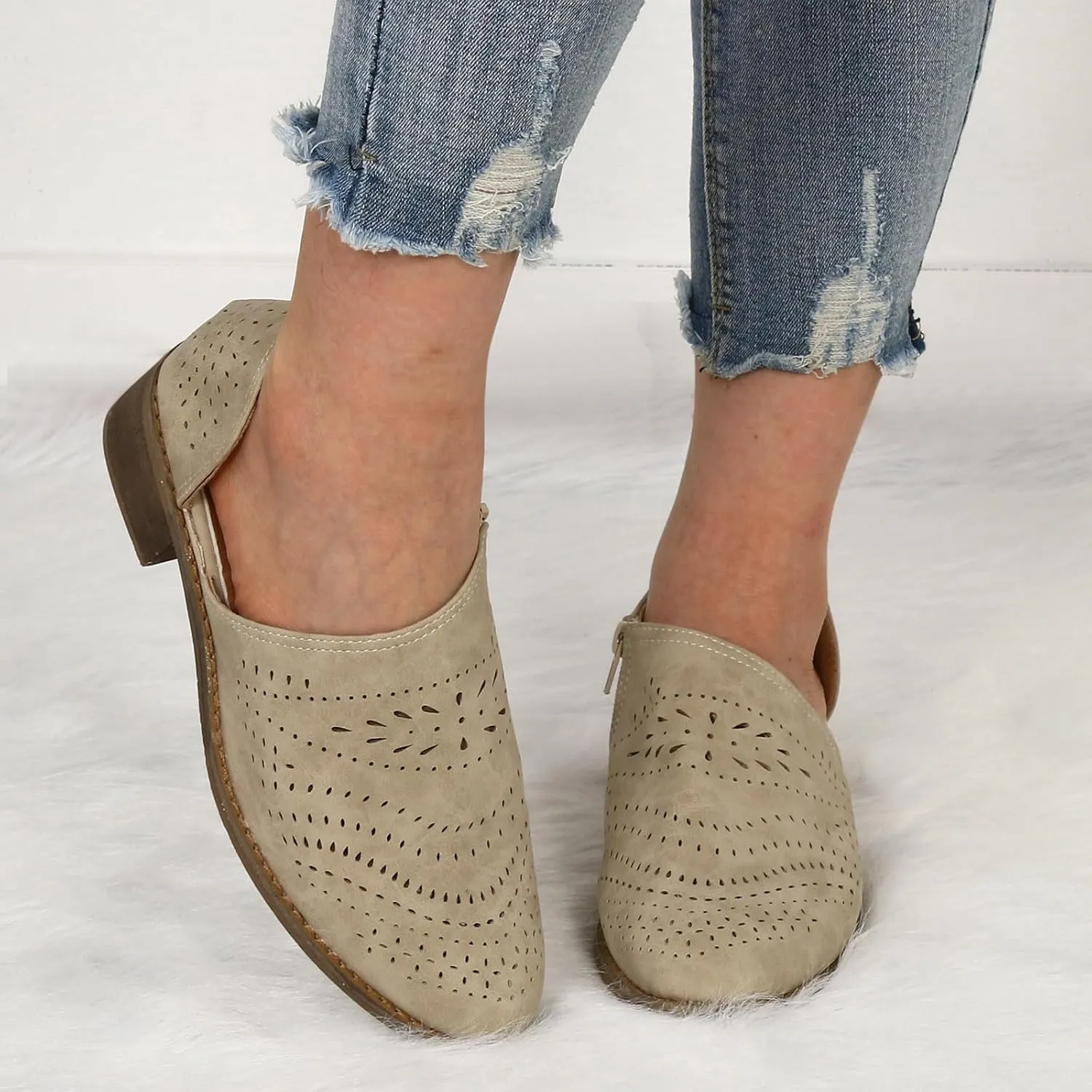 Ankle Boots for Women Women's Perforated Slip On Pointed Toe Chunky Block Low Heel Shoes Office Dress Casual Booties