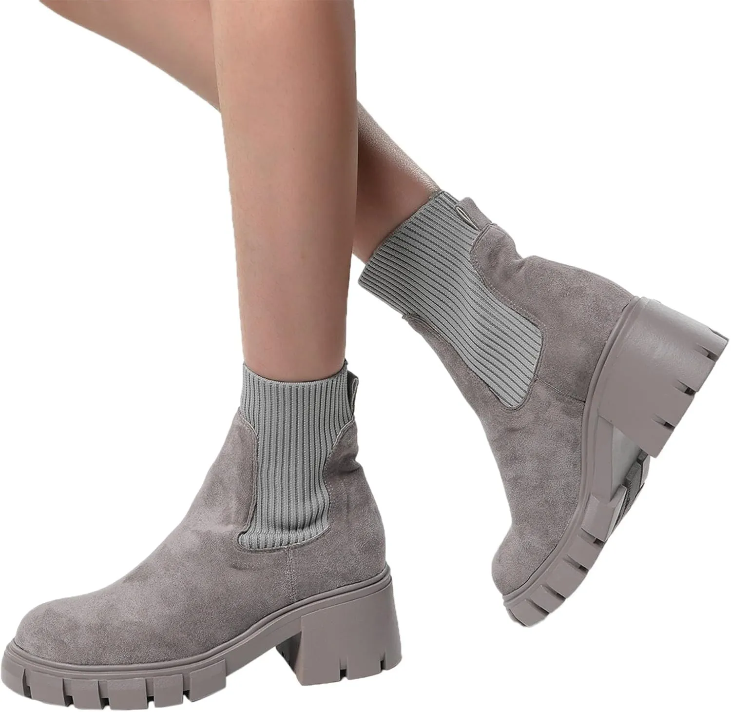 Ankle Boots for Women Women's Round Toe Lug Sole Chelsea Fashion Elastic Slip on Platform Chunky Heel Ankle Booties