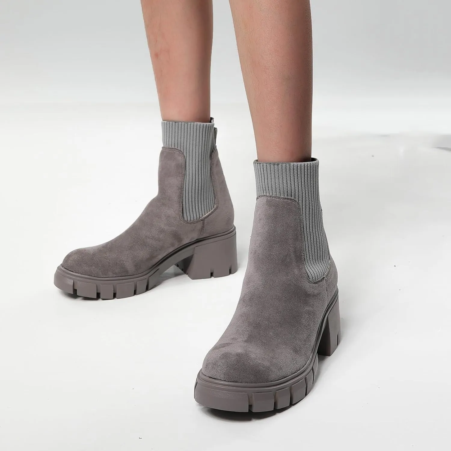 Ankle Boots for Women Women's Round Toe Lug Sole Chelsea Fashion Elastic Slip on Platform Chunky Heel Ankle Booties