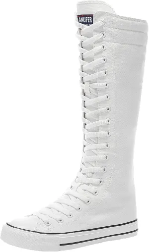 ANUFER Women Fashion Canvas Dance Boots Knee High Bicycling Boots Girls Fancy School Shoes White 905 US7