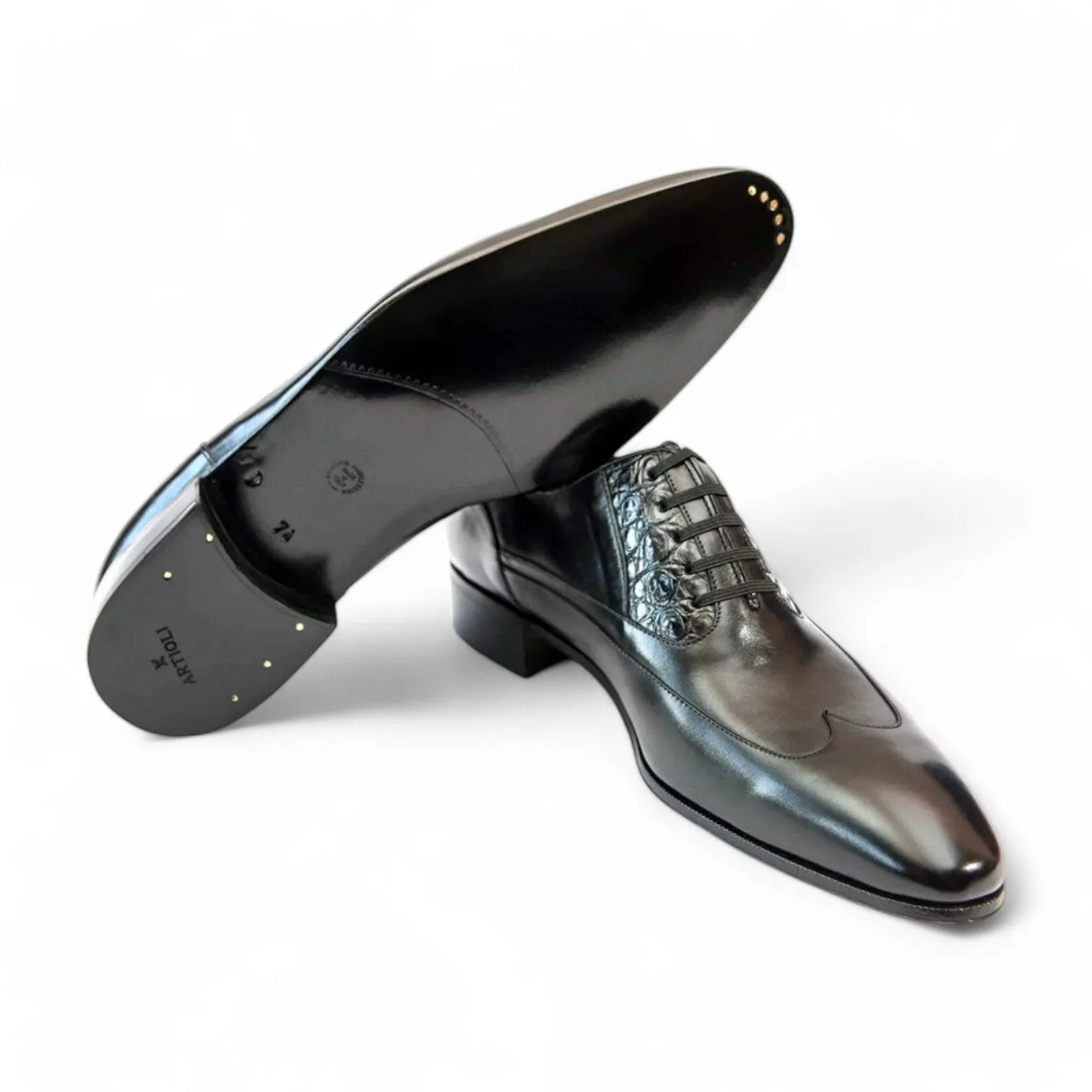 Artioli Achille Men's Shoes Exotic Alligator / Calf-Skin Leather Wingtip Oxfords (ART1049)