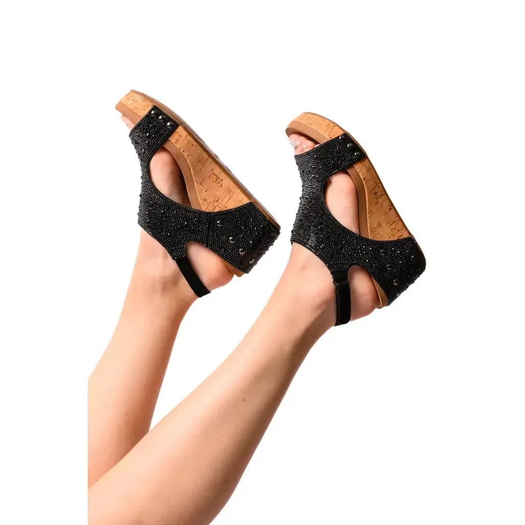 Ashley Black Rhinestone Wedge Sandals