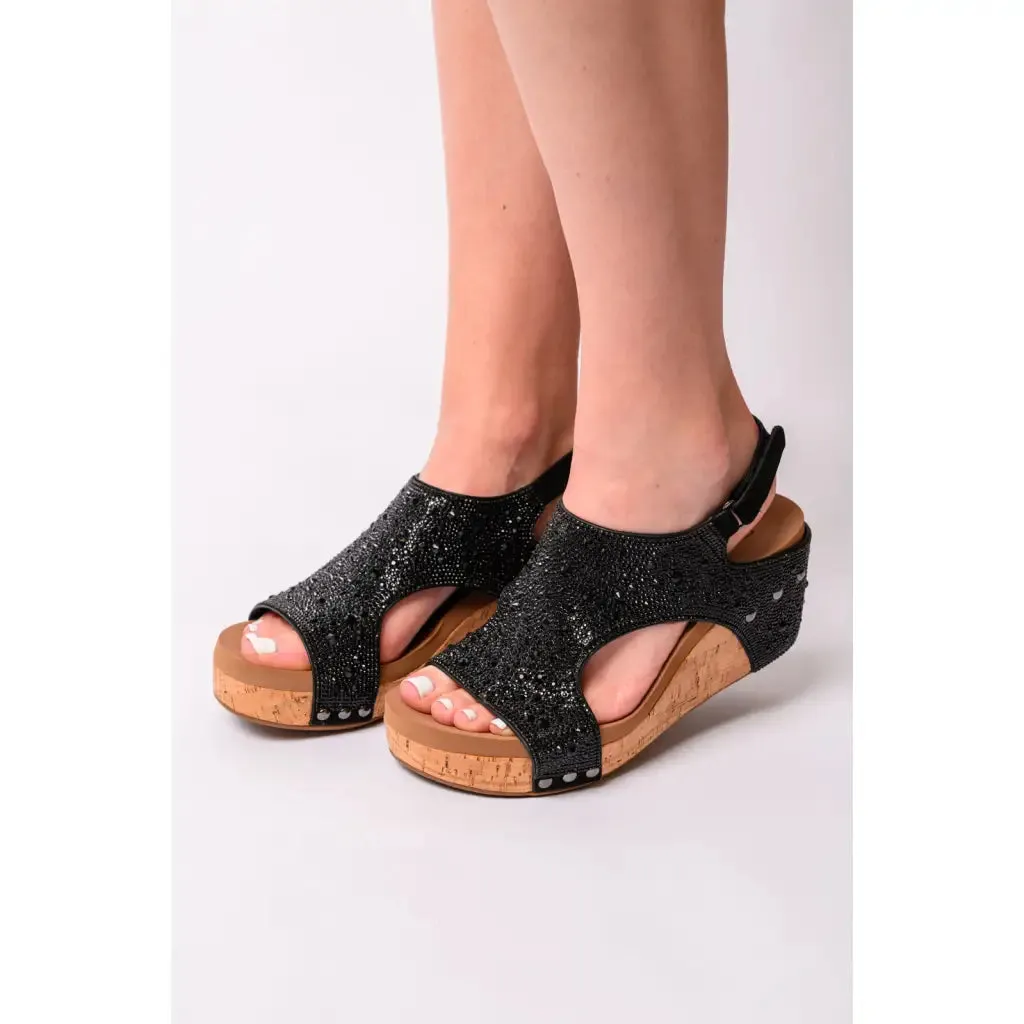 Ashley Black Rhinestone Wedge Sandals