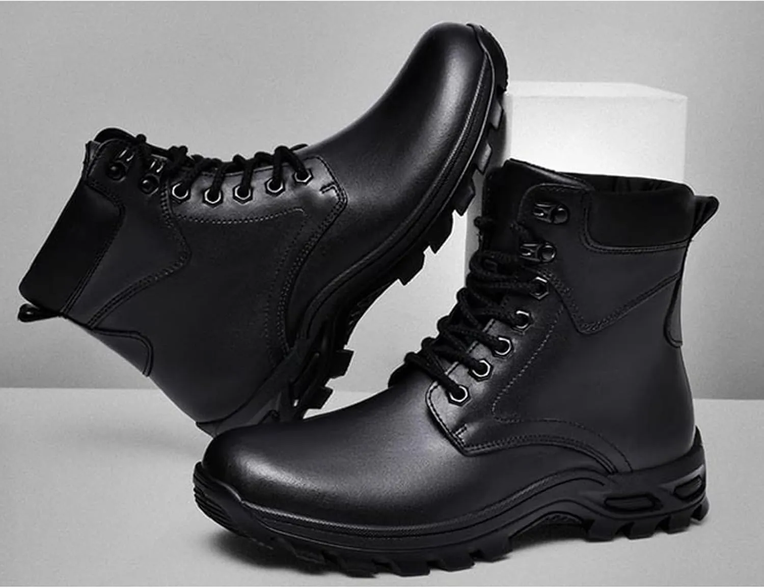 AUNTHUI Men'S Genuine Leather Casual Motorcycle Boots,Stylish Polished Lace-Up Round Toe Wide Platform Dress Oxford Boots,Winter Outdoor Non-Slip Chunkka Combat Boots