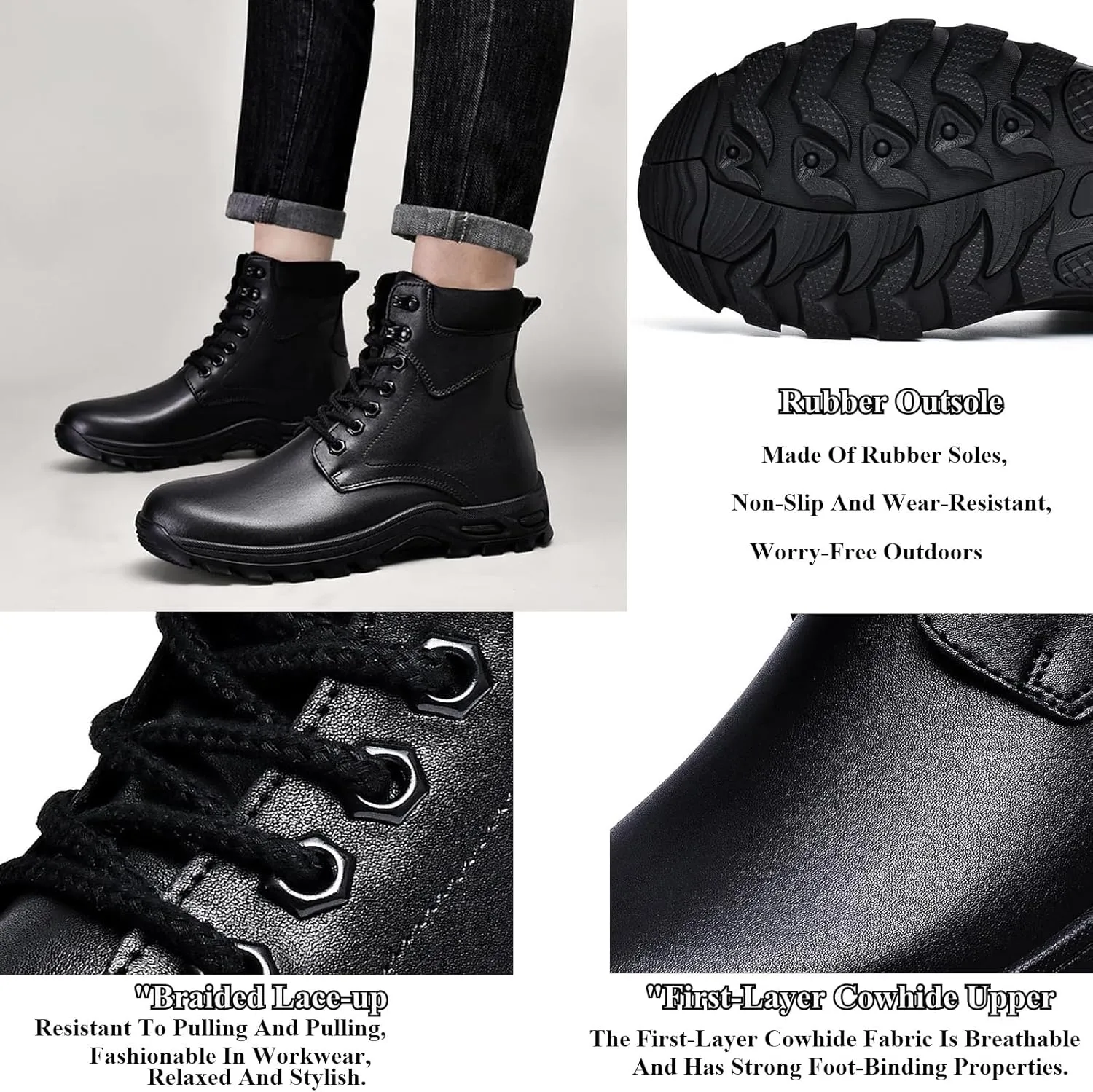 AUNTHUI Men'S Genuine Leather Casual Motorcycle Boots,Stylish Polished Lace-Up Round Toe Wide Platform Dress Oxford Boots,Winter Outdoor Non-Slip Chunkka Combat Boots