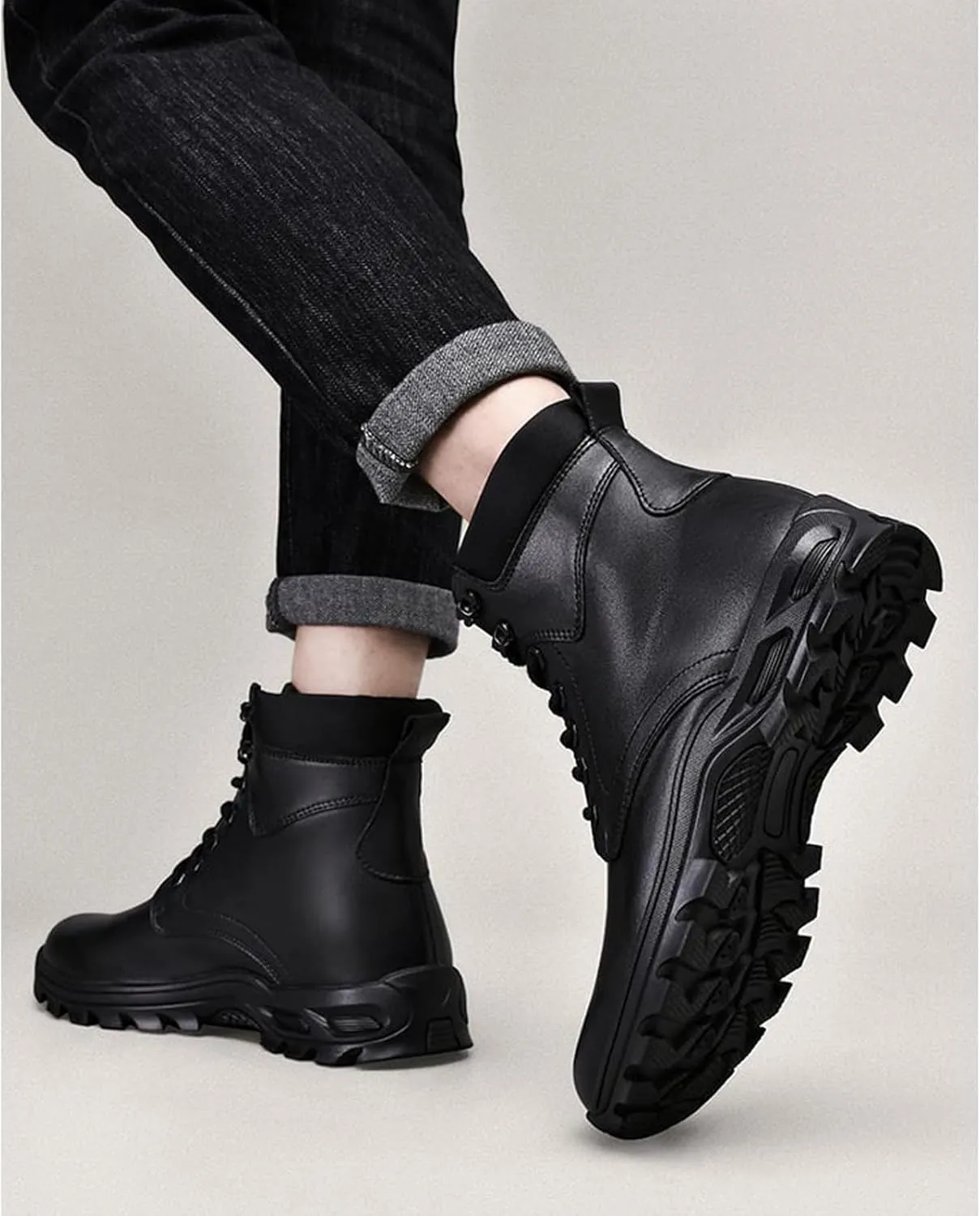 AUNTHUI Men'S Genuine Leather Casual Motorcycle Boots,Stylish Polished Lace-Up Round Toe Wide Platform Dress Oxford Boots,Winter Outdoor Non-Slip Chunkka Combat Boots