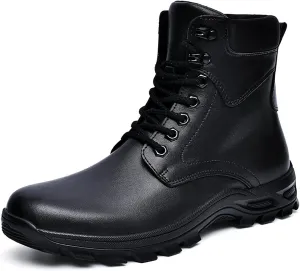 AUNTHUI Men'S Genuine Leather Casual Motorcycle Boots,Stylish Polished Lace-Up Round Toe Wide Platform Dress Oxford Boots,Winter Outdoor Non-Slip Chunkka Combat Boots