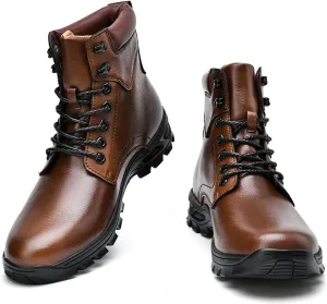 AUNTHUI Men'S Genuine Leather Casual Motorcycle Boots,Stylish Polished Lace-Up Round Toe Wide Platform Dress Oxford Boots,Winter Outdoor Non-Slip Chunkka Combat Boots