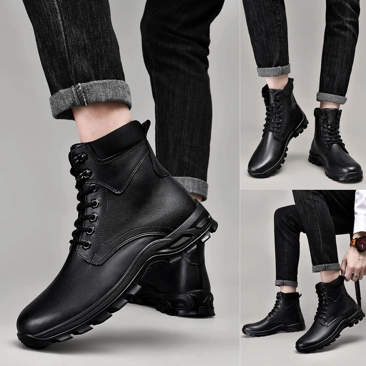 AUNTHUI Men'S Genuine Leather Casual Motorcycle Boots,Stylish Polished Lace-Up Round Toe Wide Platform Dress Oxford Boots,Winter Outdoor Non-Slip Chunkka Combat Boots