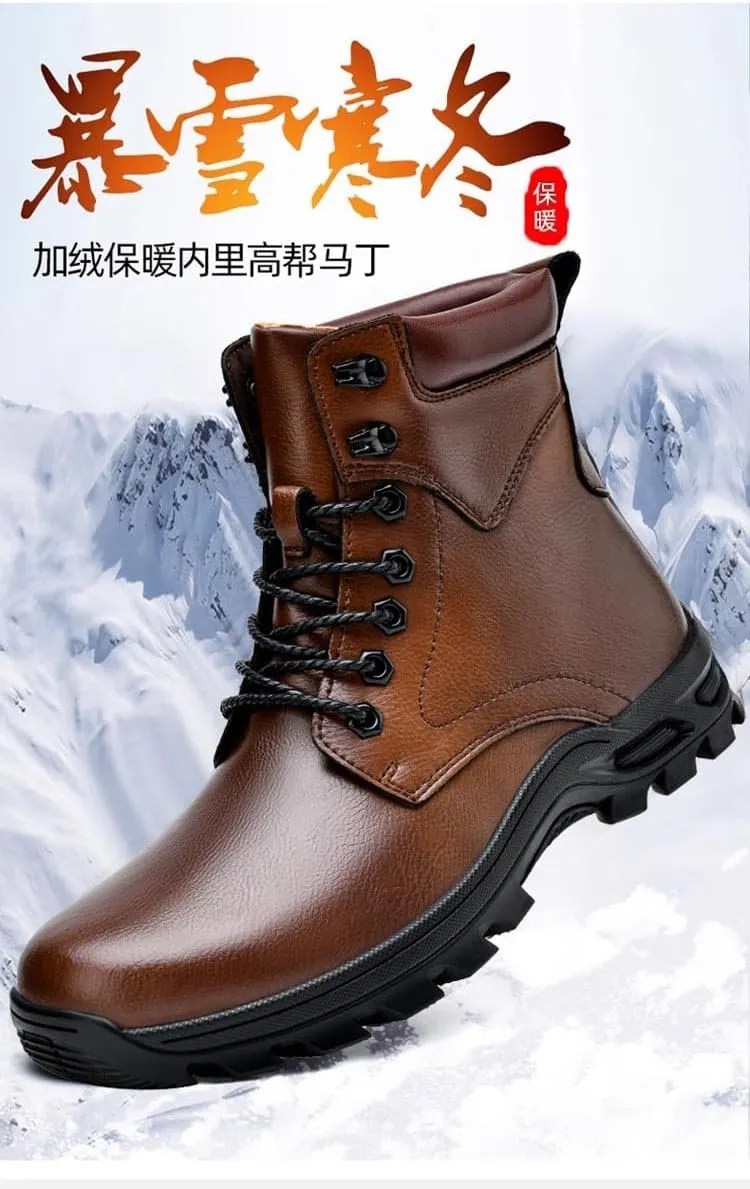 AUNTHUI Men'S Genuine Leather Casual Motorcycle Boots,Stylish Polished Lace-Up Round Toe Wide Platform Dress Oxford Boots,Winter Outdoor Non-Slip Chunkka Combat Boots