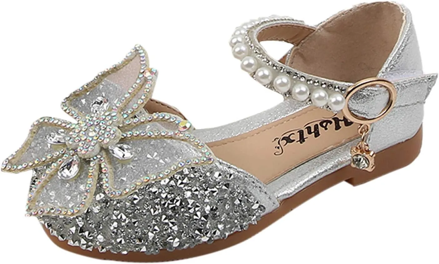 Baby Girl Solid Diamond Embellished Shoe Butterfly Hook and Loop Metal Sandals Princess Splicing Rhinestone Flats