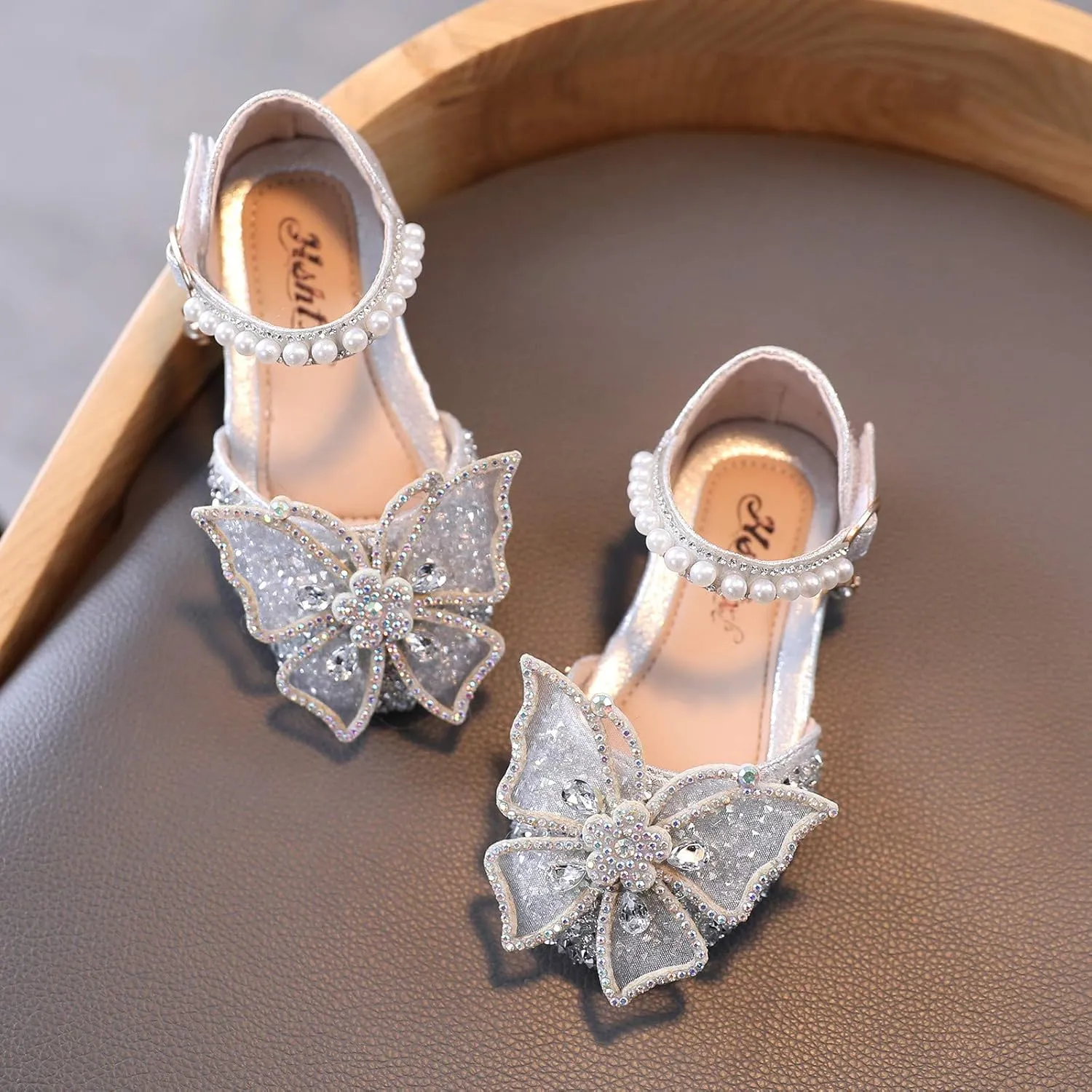 Baby Girl Solid Diamond Embellished Shoe Butterfly Hook and Loop Metal Sandals Princess Splicing Rhinestone Flats