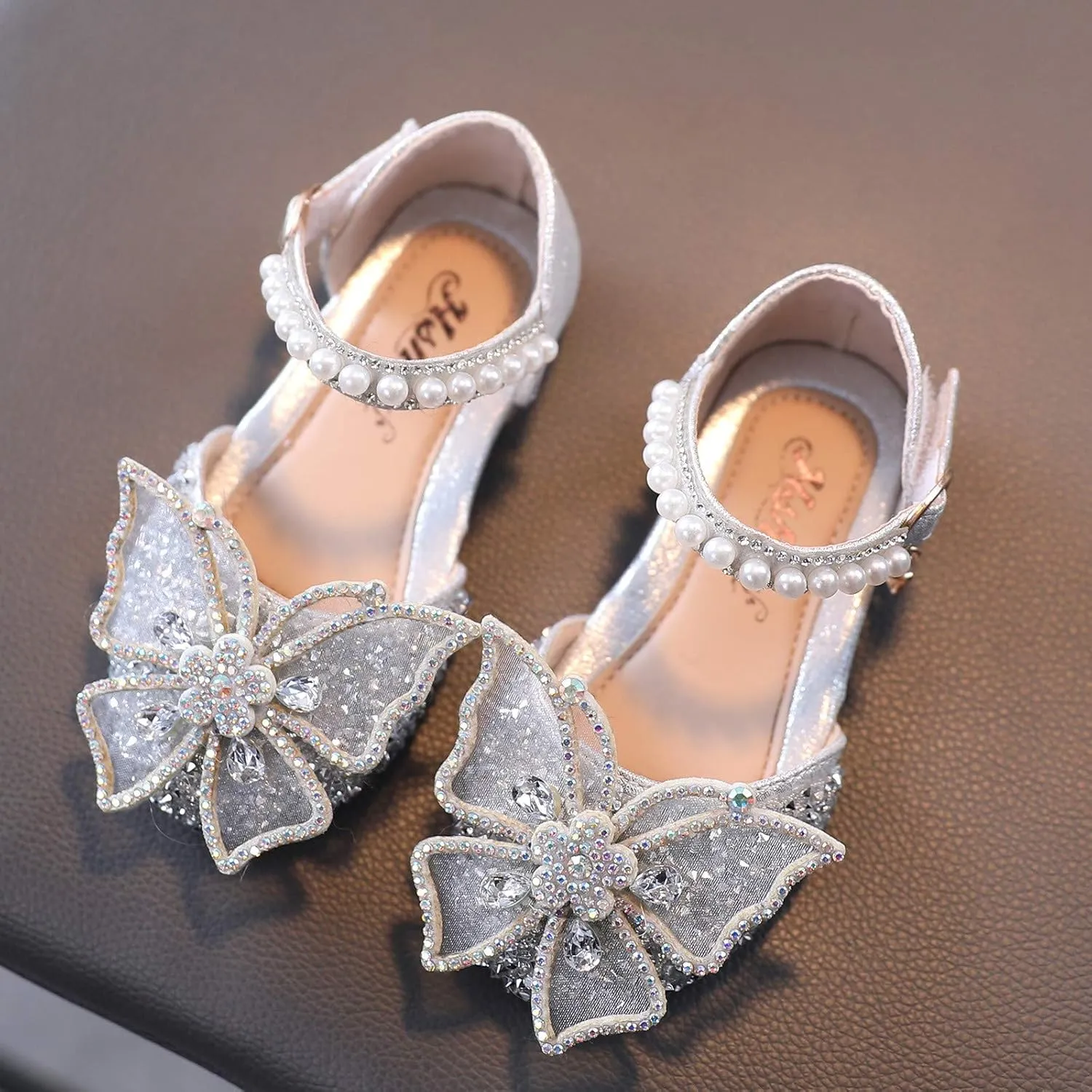 Baby Girl Solid Diamond Embellished Shoe Butterfly Hook and Loop Metal Sandals Princess Splicing Rhinestone Flats