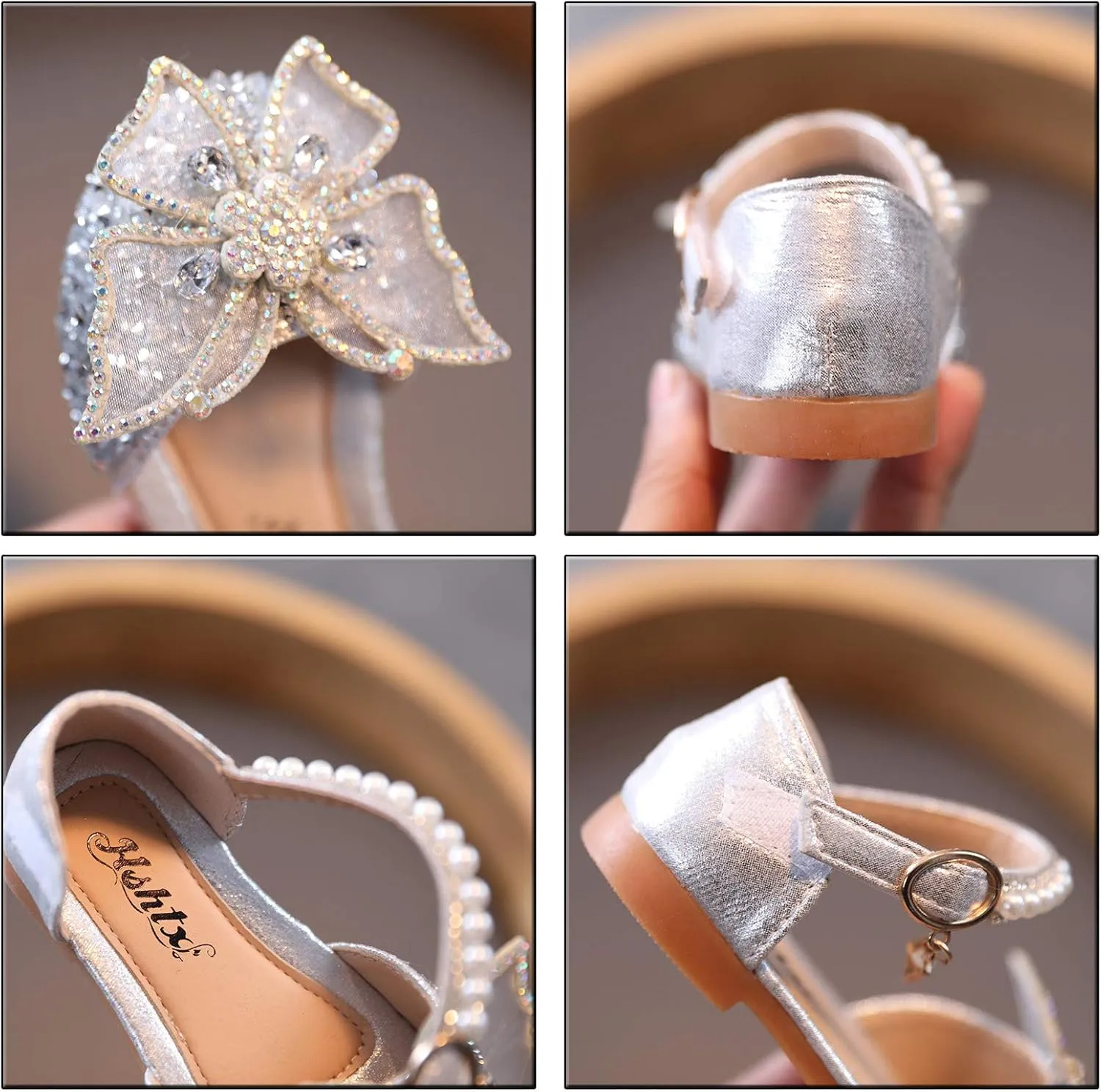 Baby Girl Solid Diamond Embellished Shoe Butterfly Hook and Loop Metal Sandals Princess Splicing Rhinestone Flats