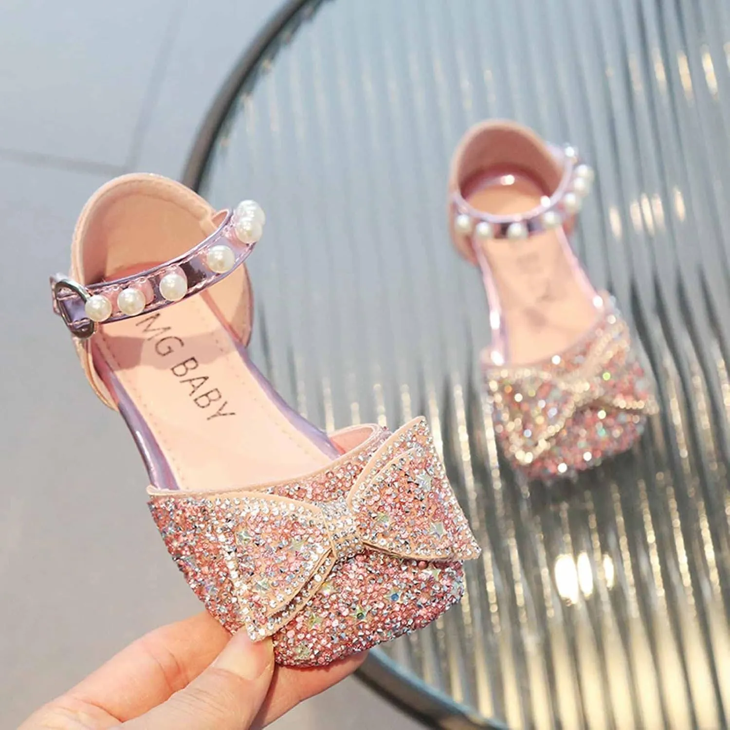 Baby Girl Solid Sequin Bow Elegant Shoe Hook and Loop Splicing Diamonds Sancals Flat Mouth Princess Summer Flats