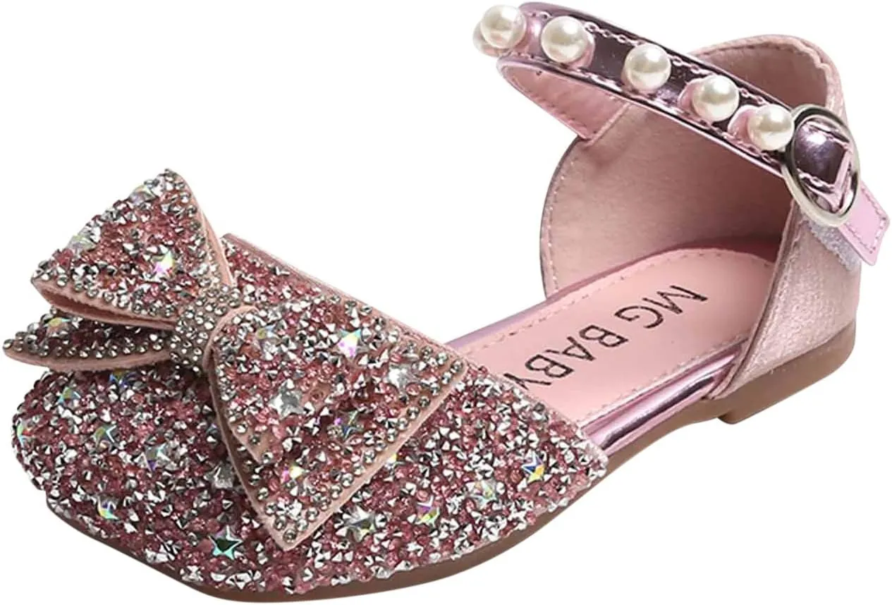 Baby Girl Solid Sequin Bow Elegant Shoe Hook and Loop Splicing Diamonds Sancals Flat Mouth Princess Summer Flats