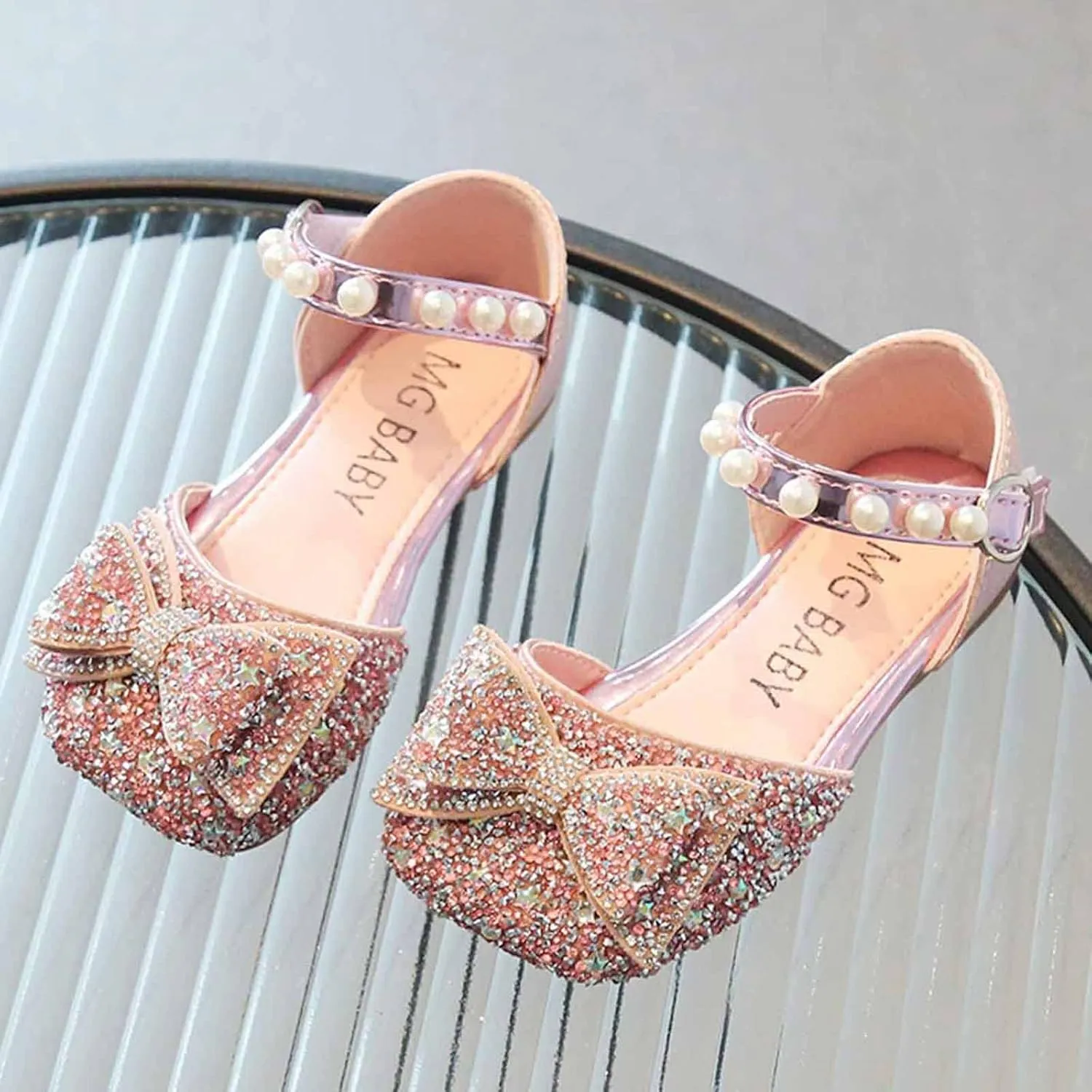 Baby Girl Solid Sequin Bow Elegant Shoe Hook and Loop Splicing Diamonds Sancals Flat Mouth Princess Summer Flats