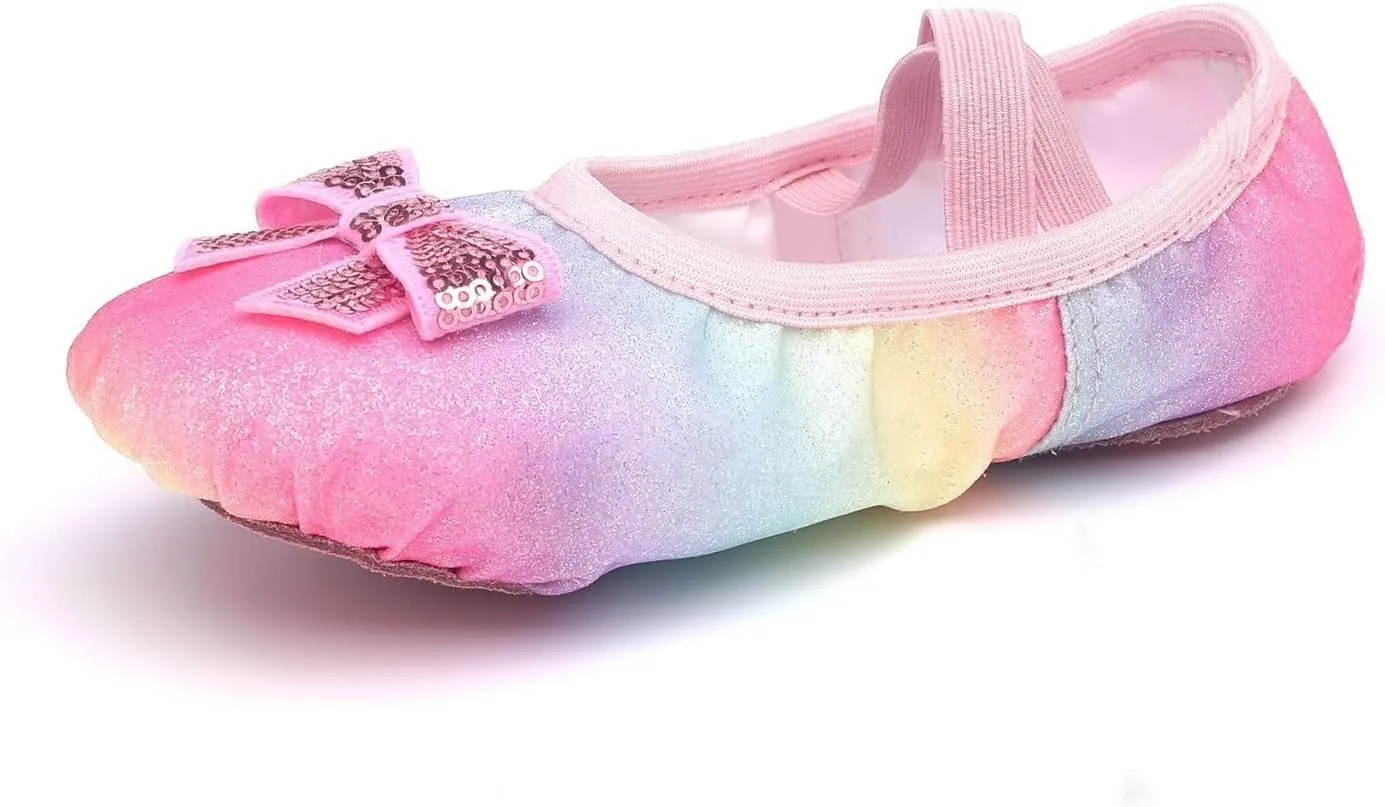 Ballet Shoes for Toddler Girls Slip On Rainbow Color Glitter Dress Shoes Soft Lightweight with Elastic Laces for Yoga