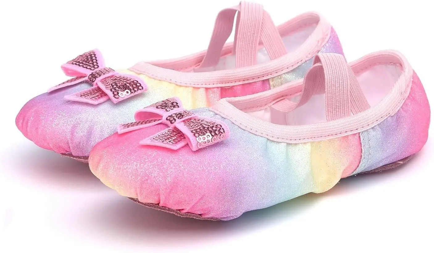 Ballet Shoes for Toddler Girls Slip On Rainbow Color Glitter Dress Shoes Soft Lightweight with Elastic Laces for Yoga