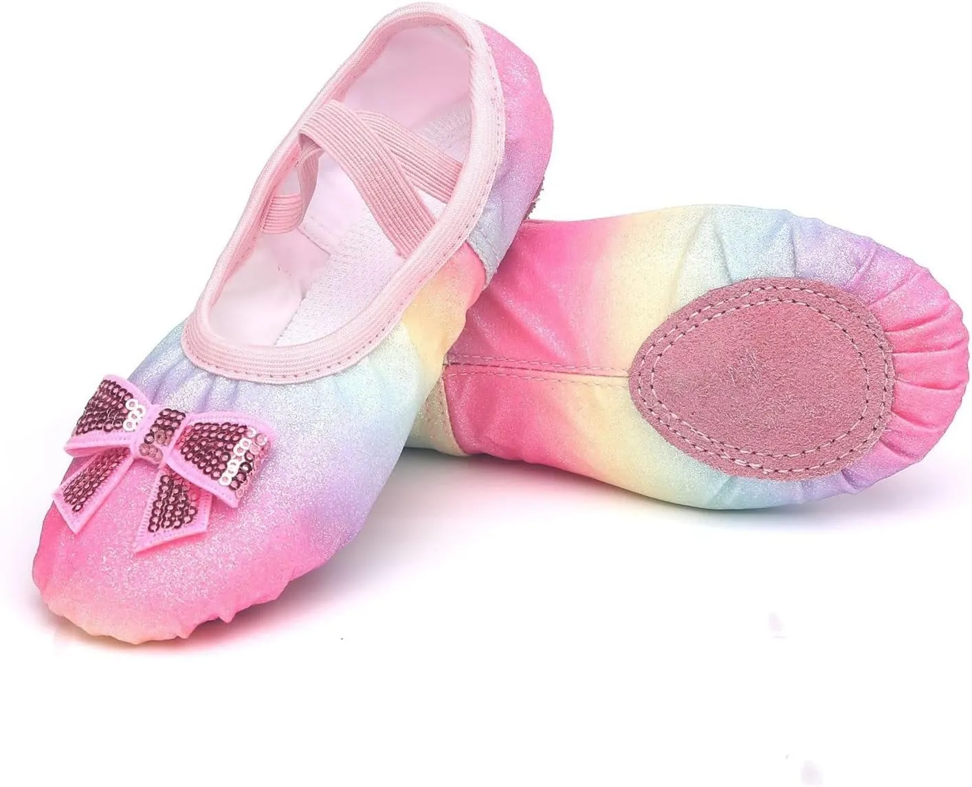 Ballet Shoes for Toddler Girls Slip On Rainbow Color Glitter Dress Shoes Soft Lightweight with Elastic Laces for Yoga