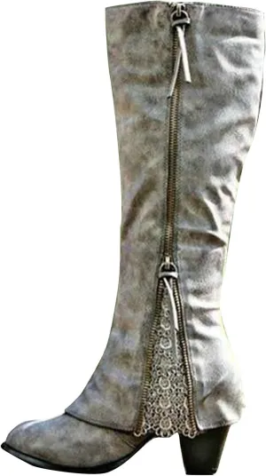 Bcshiye Women's Cowboy Boots Fashion Round Toe Low Heel Riding Boots Knee High Knight Boots Side Zipper Western Boots