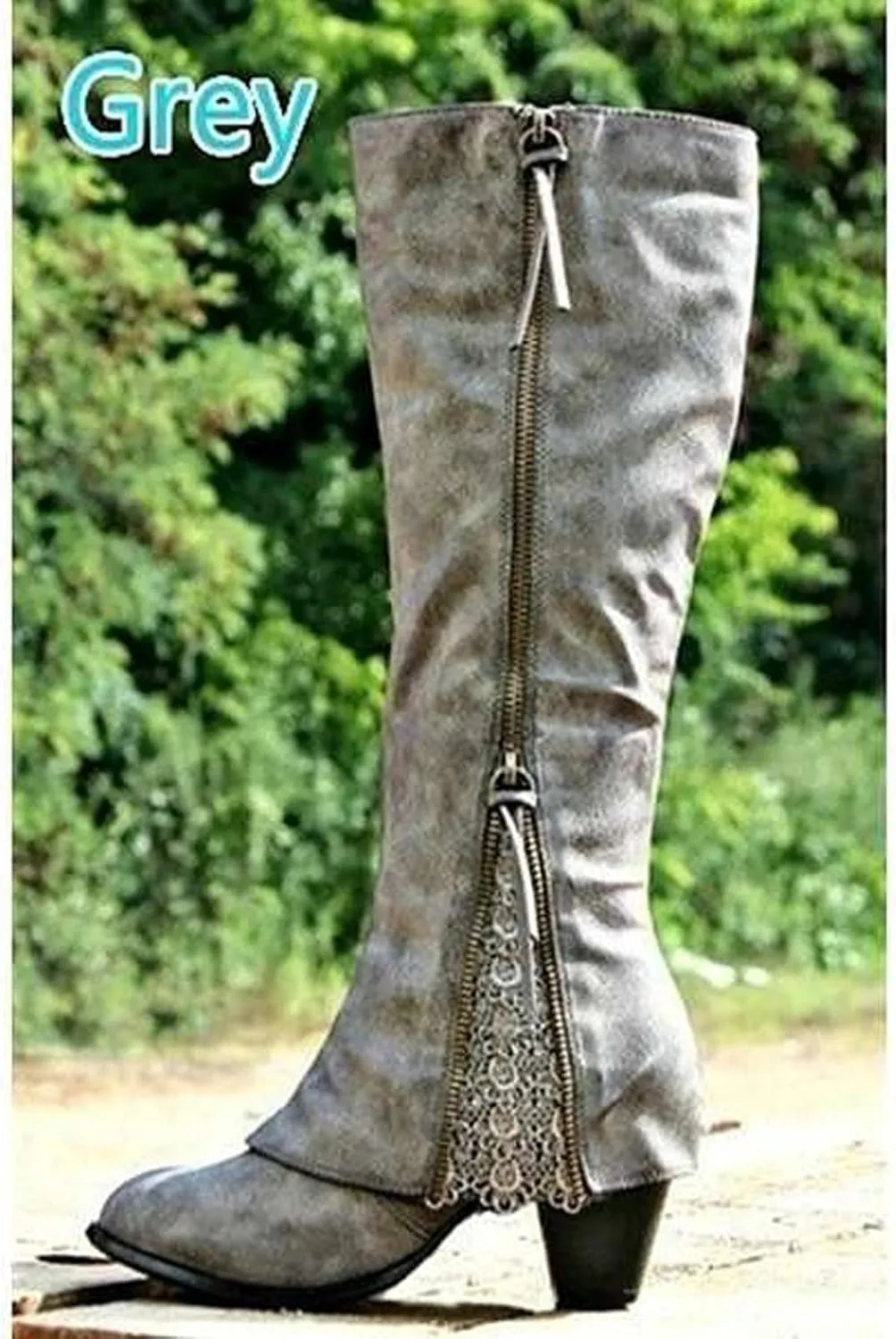 Bcshiye Women's Cowboy Boots Fashion Round Toe Low Heel Riding Boots Knee High Knight Boots Side Zipper Western Boots
