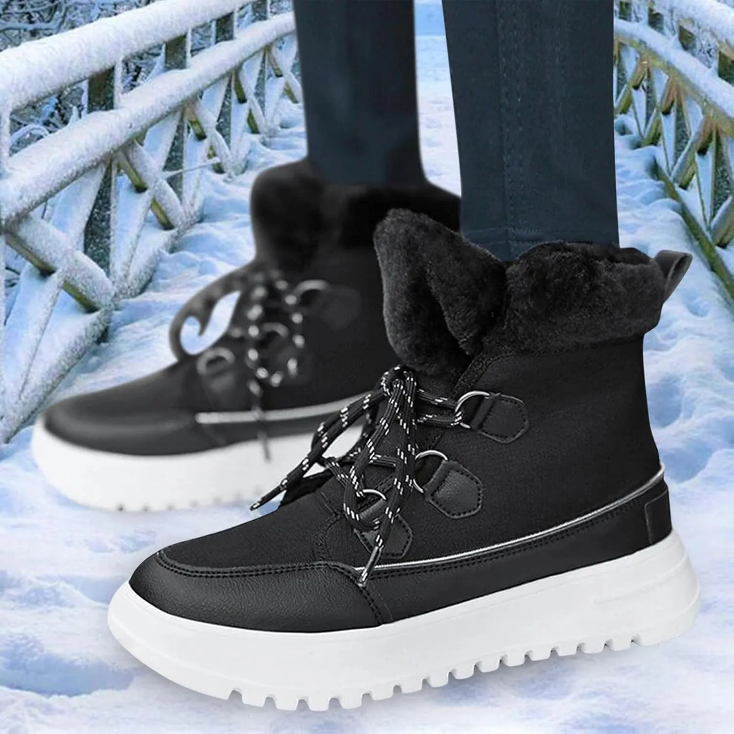 Bcshiye Women's Mid Calf Fashion Winter Snow Boots Warm Fur Lined Flat Ankle Booties Lace-up Combat Booties Sneakers