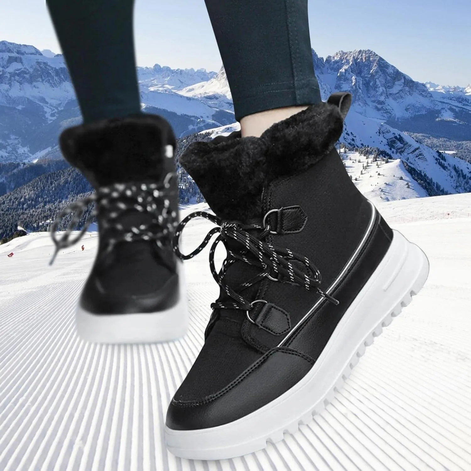 Bcshiye Women's Mid Calf Fashion Winter Snow Boots Warm Fur Lined Flat Ankle Booties Lace-up Combat Booties Sneakers