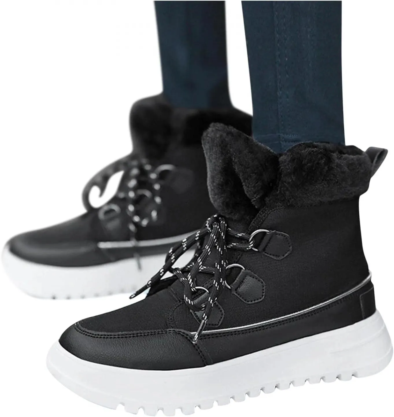 Bcshiye Women's Mid Calf Fashion Winter Snow Boots Warm Fur Lined Flat Ankle Booties Lace-up Combat Booties Sneakers