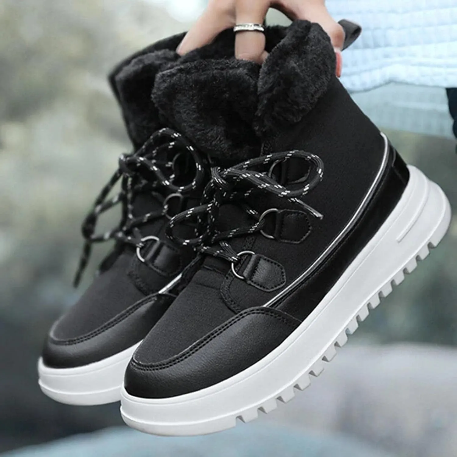 Bcshiye Women's Mid Calf Fashion Winter Snow Boots Warm Fur Lined Flat Ankle Booties Lace-up Combat Booties Sneakers