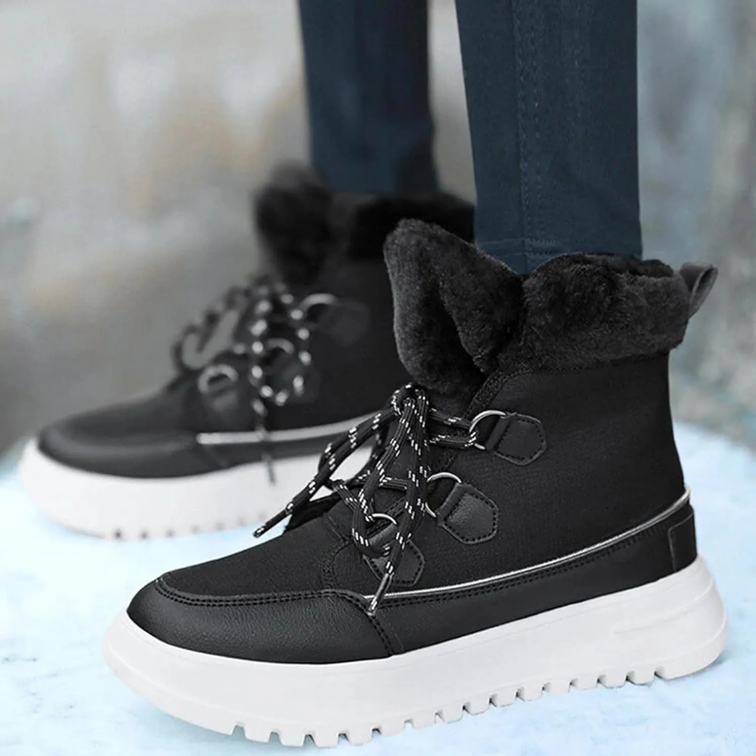 Bcshiye Women's Mid Calf Fashion Winter Snow Boots Warm Fur Lined Flat Ankle Booties Lace-up Combat Booties Sneakers
