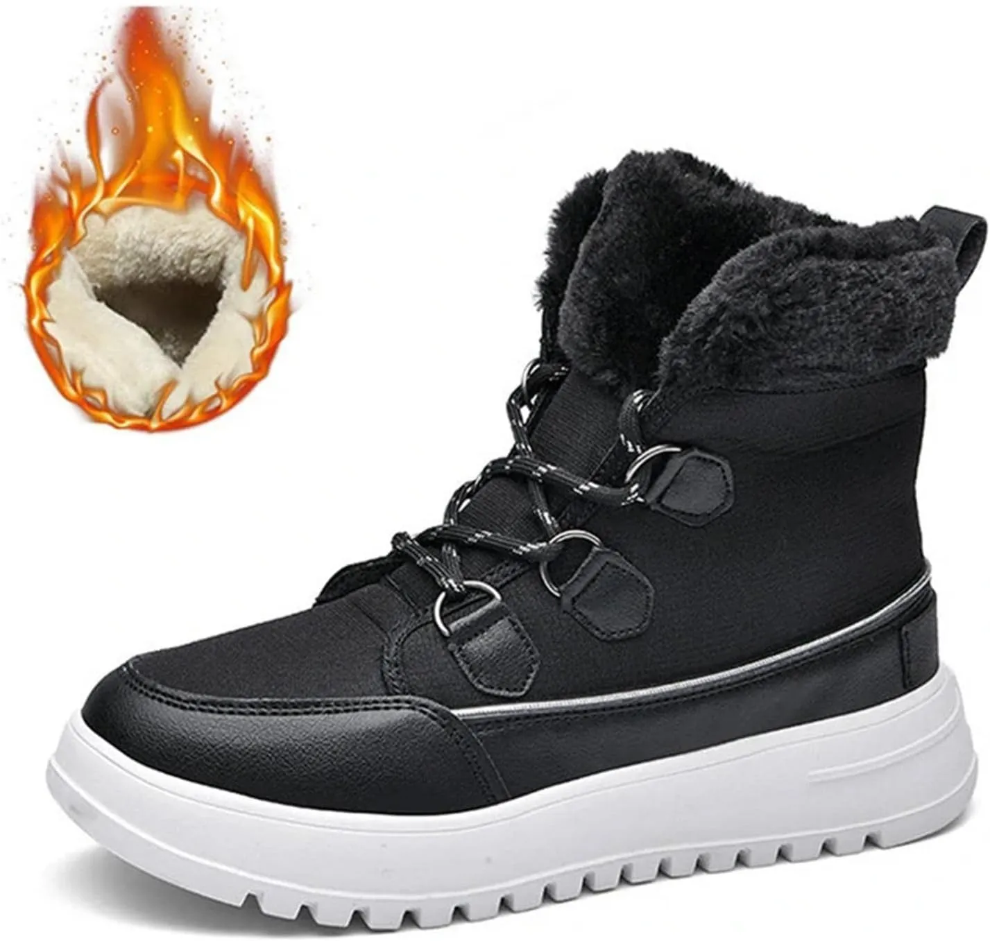 Bcshiye Women's Mid Calf Fashion Winter Snow Boots Warm Fur Lined Flat Ankle Booties Lace-up Combat Booties Sneakers