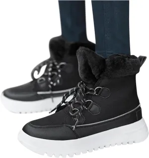 Bcshiye Women's Mid Calf Fashion Winter Snow Boots Warm Fur Lined Flat Ankle Booties Lace-up Combat Booties Sneakers