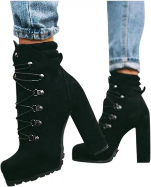 Bcshiye Women's Platform Ankle Boots Round Toe Lace Up Combat Boots Chunky High Heel Platform Knight Boots Winter Shoes