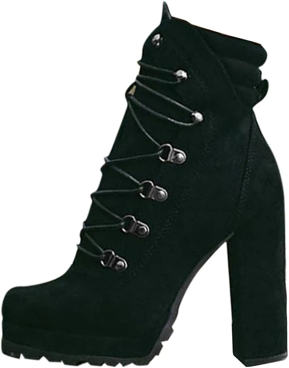 Bcshiye Women's Platform Ankle Boots Round Toe Lace Up Combat Boots Chunky High Heel Platform Knight Boots Winter Shoes