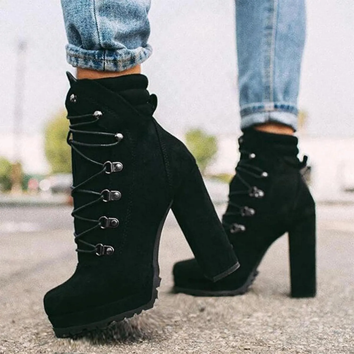 Bcshiye Women's Platform Ankle Boots Round Toe Lace Up Combat Boots Chunky High Heel Platform Knight Boots Winter Shoes