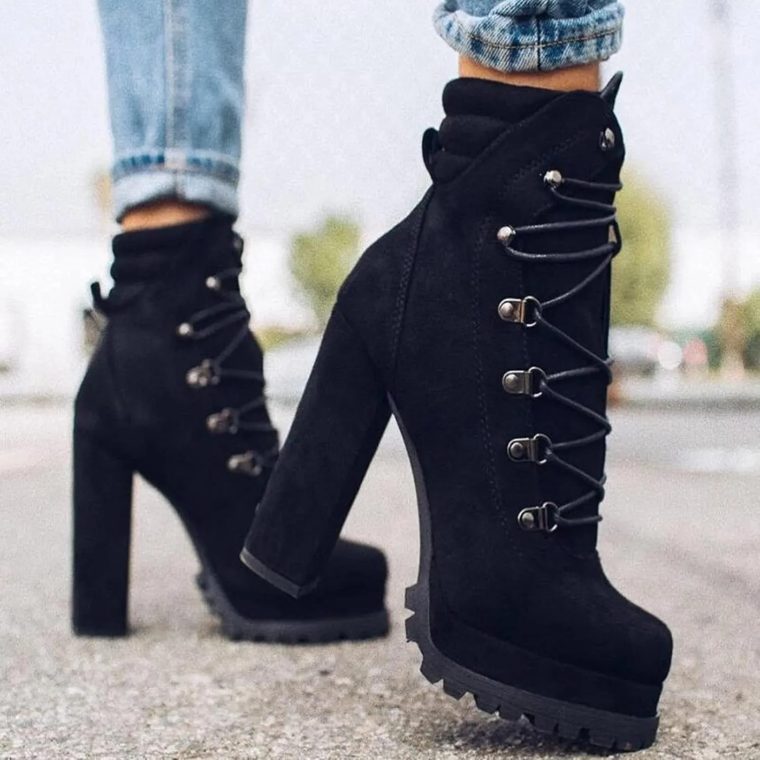 Bcshiye Women's Platform Ankle Boots Round Toe Lace Up Combat Boots Chunky High Heel Platform Knight Boots Winter Shoes