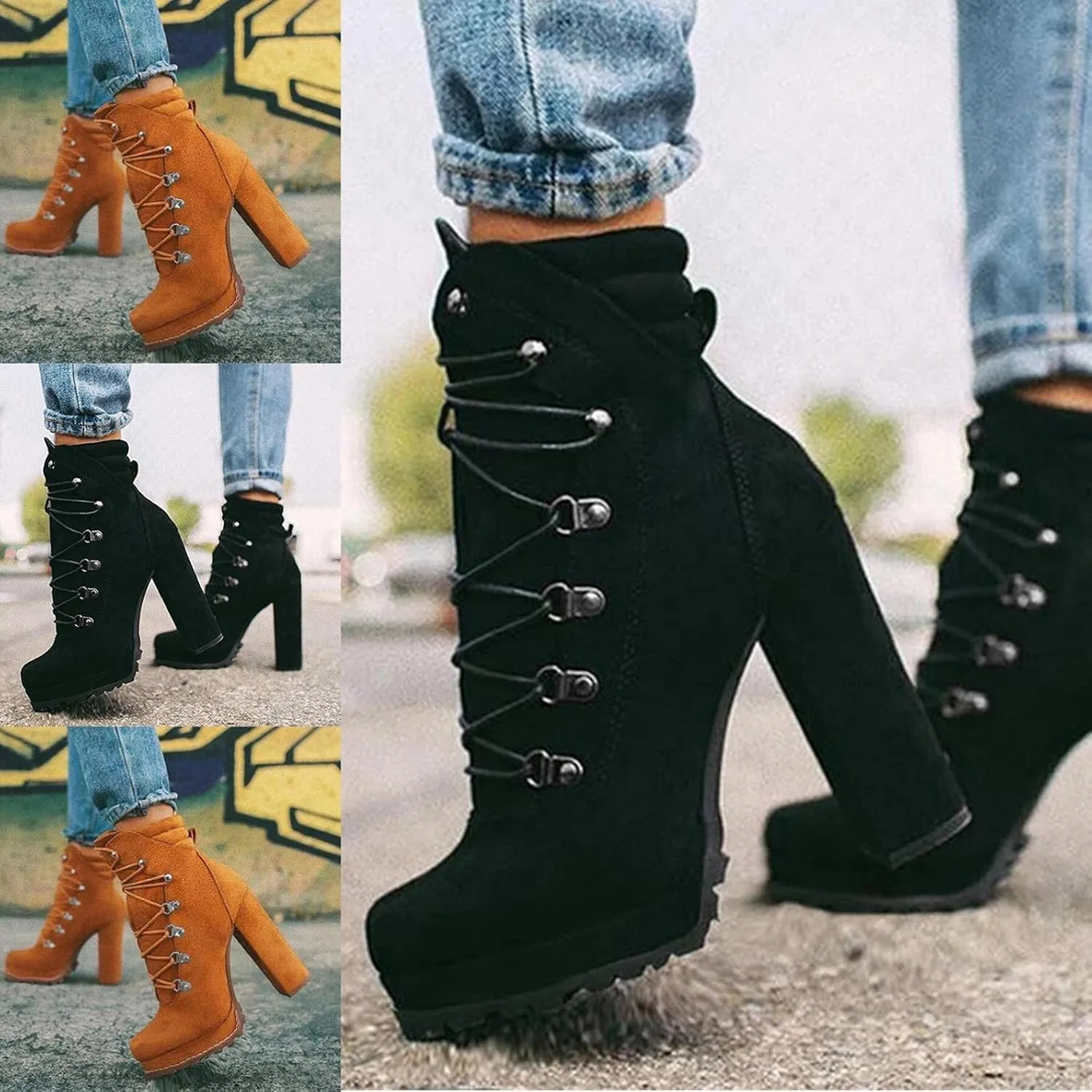 Bcshiye Women's Platform Ankle Boots Round Toe Lace Up Combat Boots Chunky High Heel Platform Knight Boots Winter Shoes