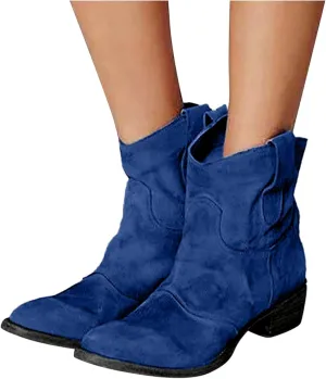 Bcshiye Women's Short Pointed Toe Ankle Bootie Suede Slip On Chelsea Boot Low Heel Vintage Western Cowboy Dress Boots