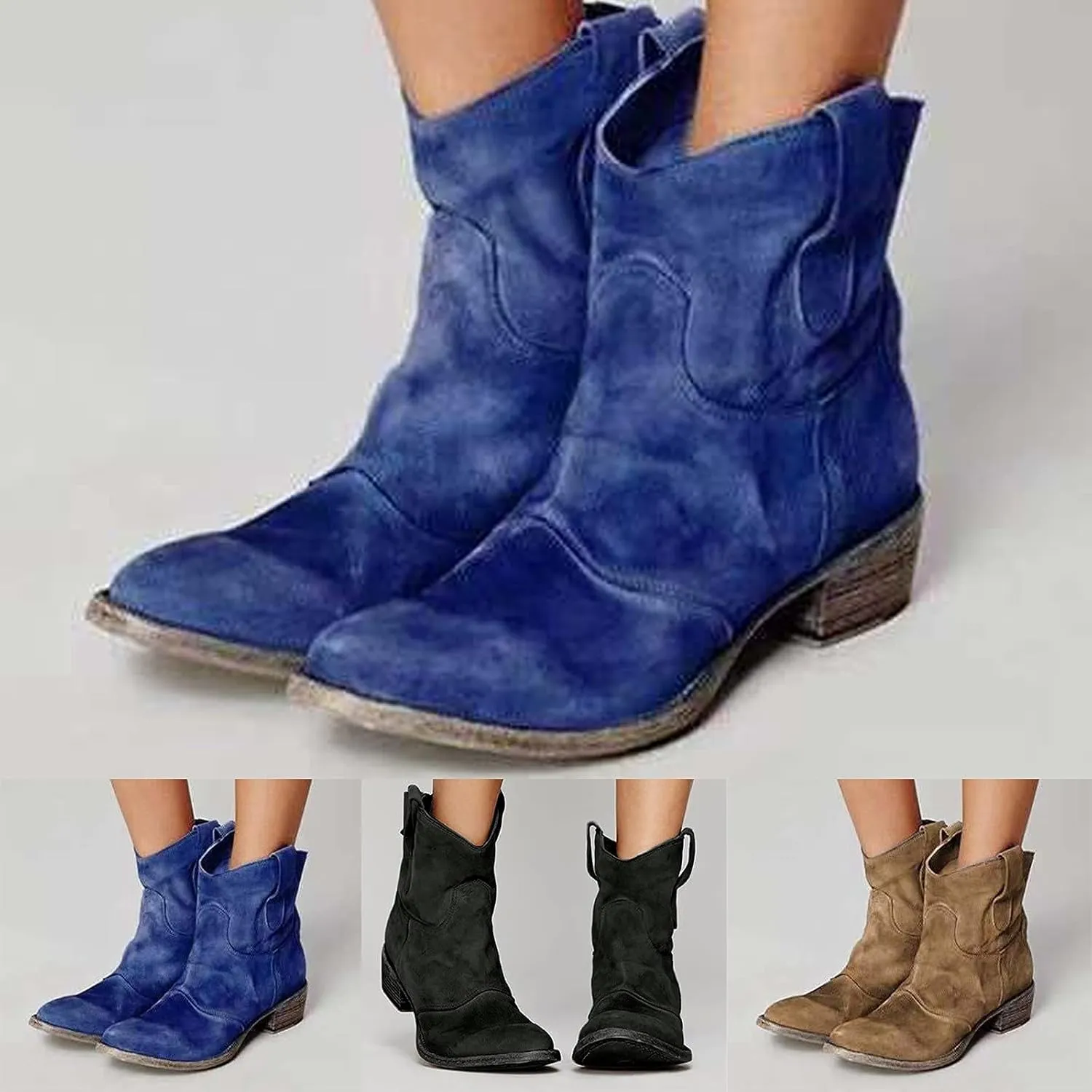 Bcshiye Women's Short Pointed Toe Ankle Bootie Suede Slip On Chelsea Boot Low Heel Vintage Western Cowboy Dress Boots