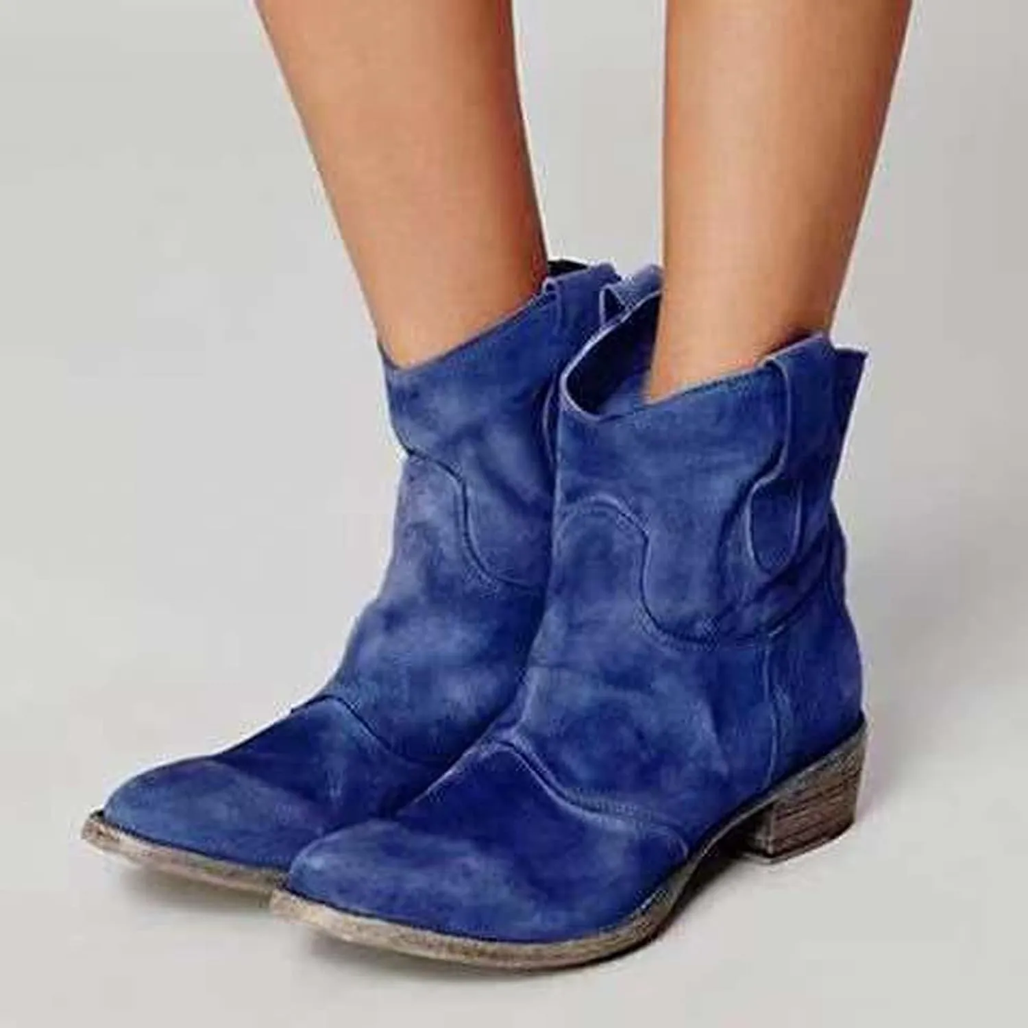 Bcshiye Women's Short Pointed Toe Ankle Bootie Suede Slip On Chelsea Boot Low Heel Vintage Western Cowboy Dress Boots
