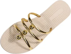 Beach Sandals for Summer Ladies Fashion Solid Color Leather Strap Combination Pearl Decoration Straw Woven Flat Slippers