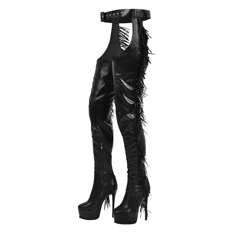 Belted Thigh High Fringe Boots Stiletto Heels