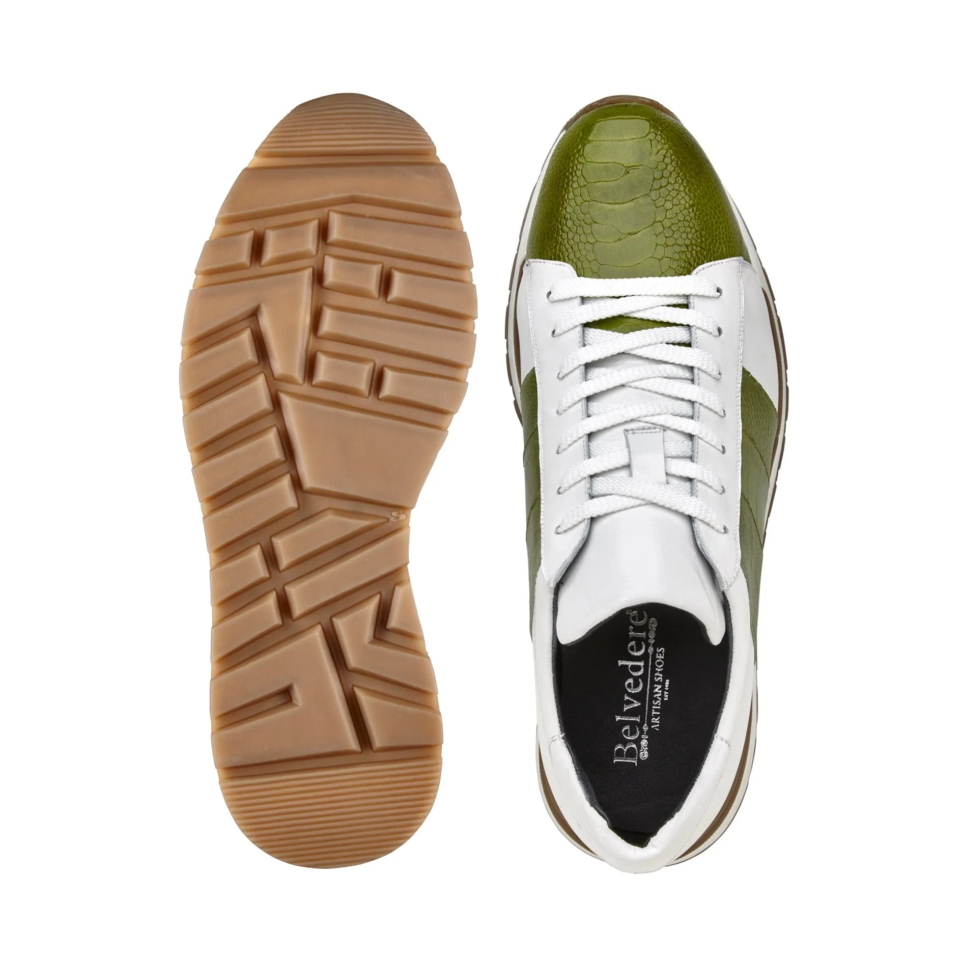 Belvedere Blake 33629 Shoes Men's Lime & White Exotic Genuine Ostrich / Calf-Skin Leather Casual Sneakers (BV3166)
