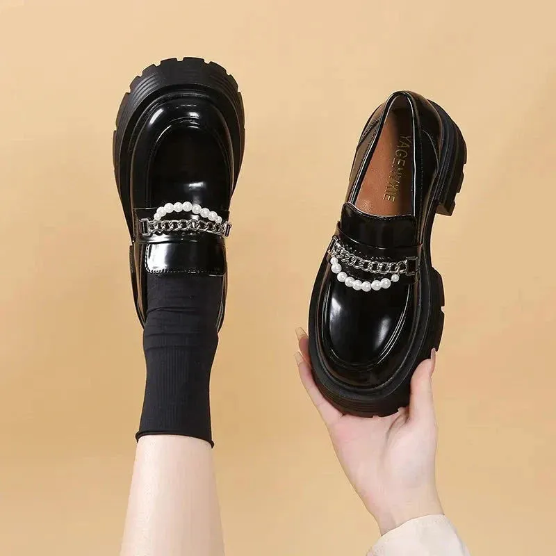 binfenxie Platform Loafers Female Shoes Women Fashion Mary Janes Round Toe Loafers Oxfords Platform Casual chain Ladies Heels Mary Janes