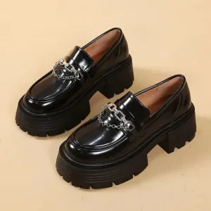 binfenxie Platform Loafers Female Shoes Women Fashion Mary Janes Round Toe Loafers Oxfords Platform Casual chain Ladies Heels Mary Janes