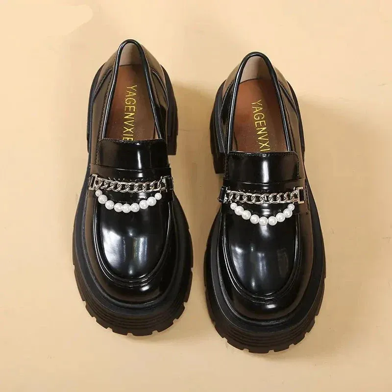 binfenxie Platform Loafers Female Shoes Women Fashion Mary Janes Round Toe Loafers Oxfords Platform Casual chain Ladies Heels Mary Janes