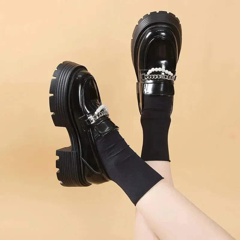 binfenxie Platform Loafers Female Shoes Women Fashion Mary Janes Round Toe Loafers Oxfords Platform Casual chain Ladies Heels Mary Janes