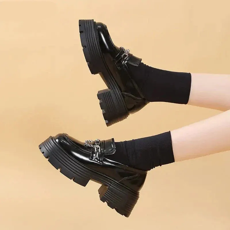binfenxie Platform Loafers Female Shoes Women Fashion Mary Janes Round Toe Loafers Oxfords Platform Casual chain Ladies Heels Mary Janes